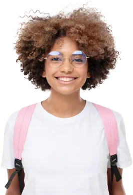 A student wearing glasses and a backpack.