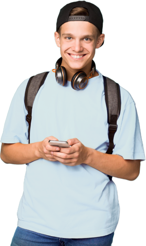 a man wearing headphones and a blue shirt holding a cell phone.